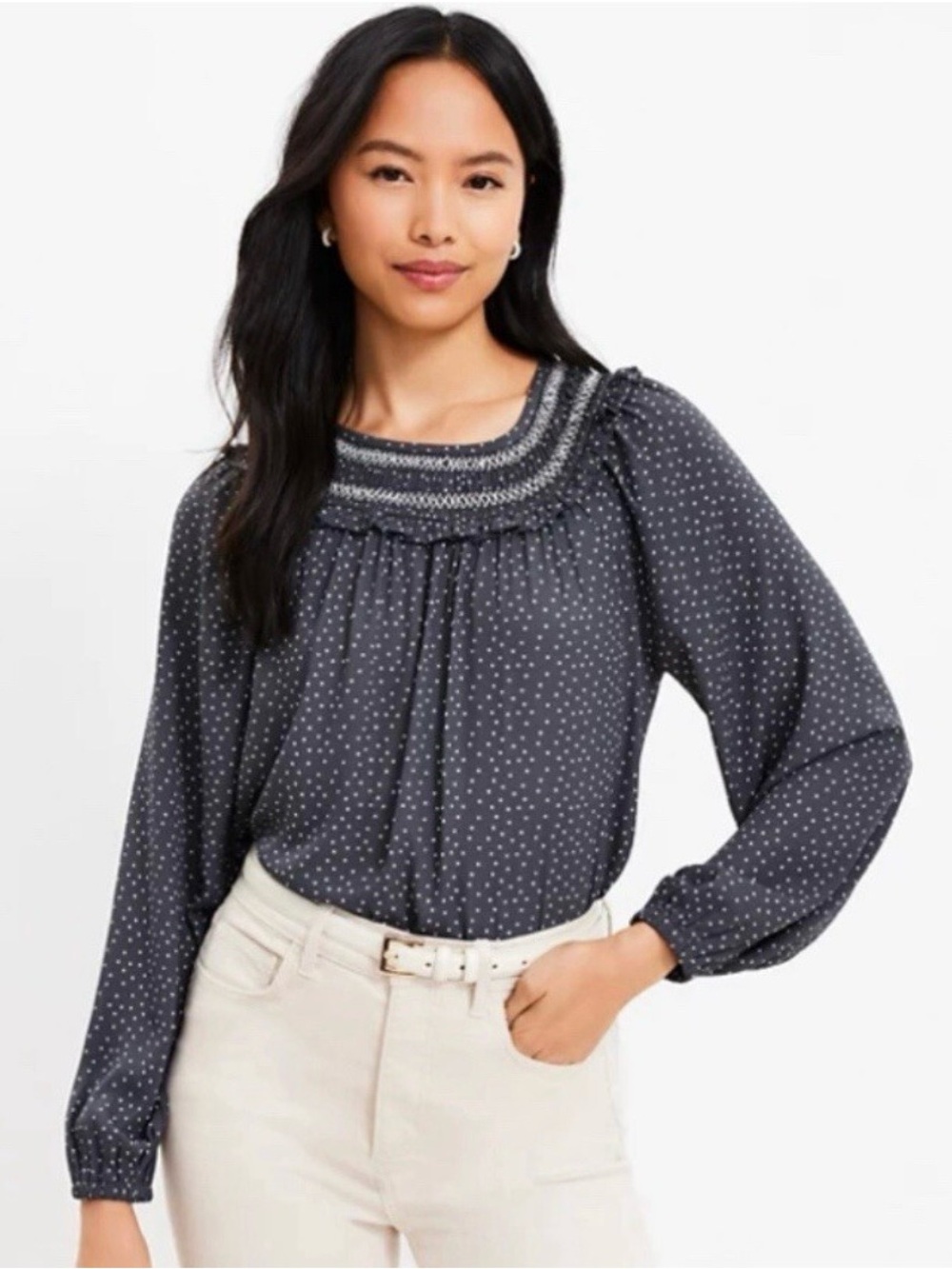 LOFT Charcoal Dot Smocked Yoke Long-Sleeve Blouse